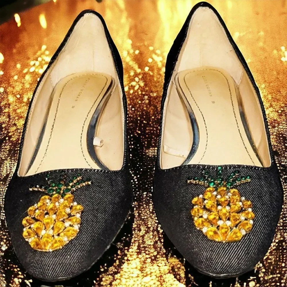 Zara gray blue denim gems PINEAPPLE chunky heels pumps